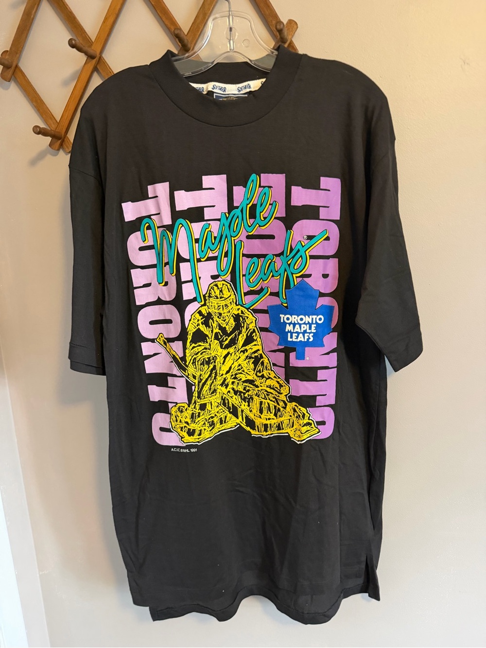 Vintage 1991 Toronto Maple Leafs Goalie T Shirt Single Stitch Black XL/TG